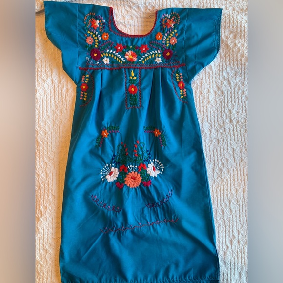 Embroidered Blue Kids Casual Dress - Picture 4 of 16